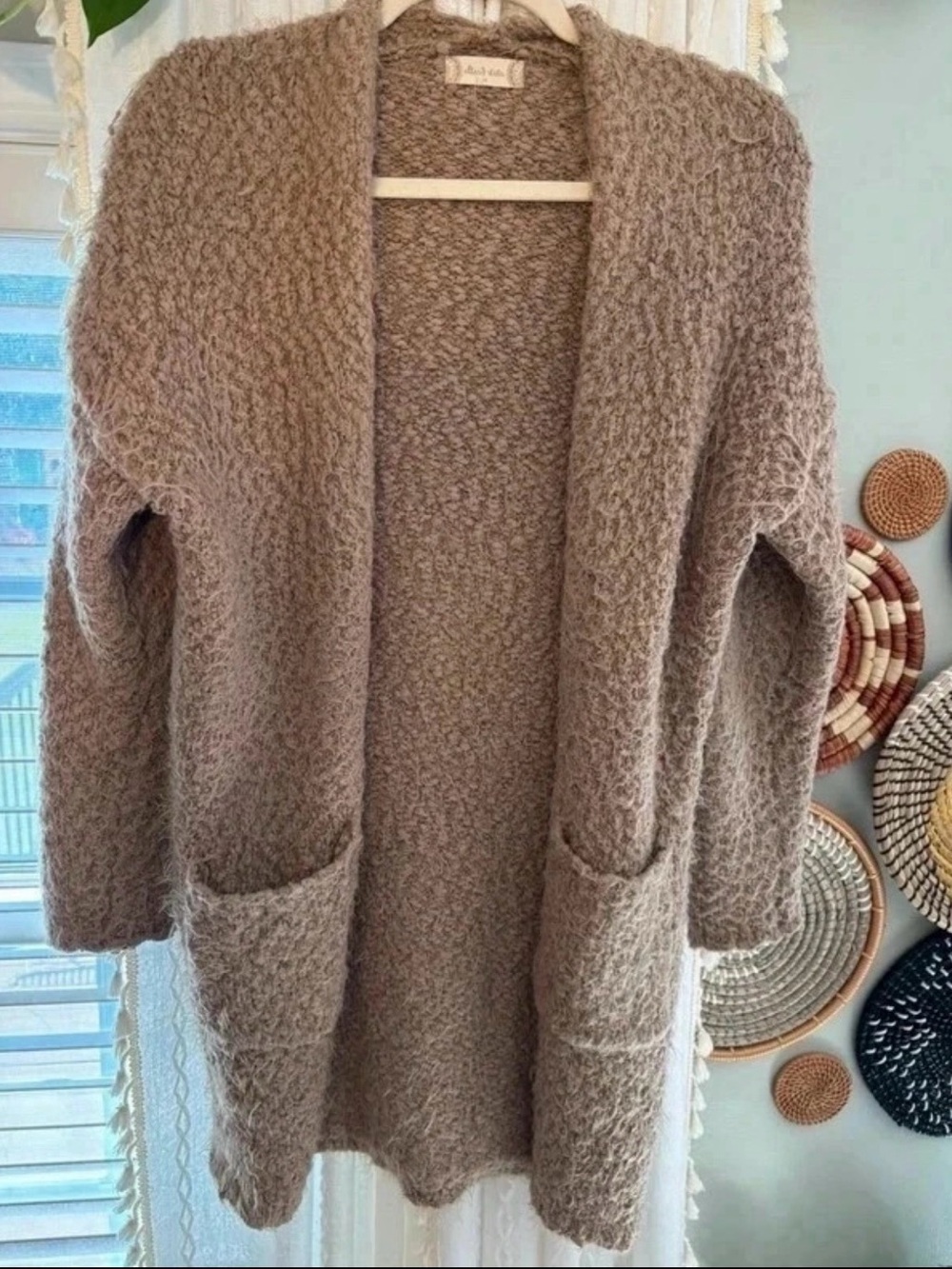 Altar'd State Cozy Taupe Open-Front Knit Cardigan